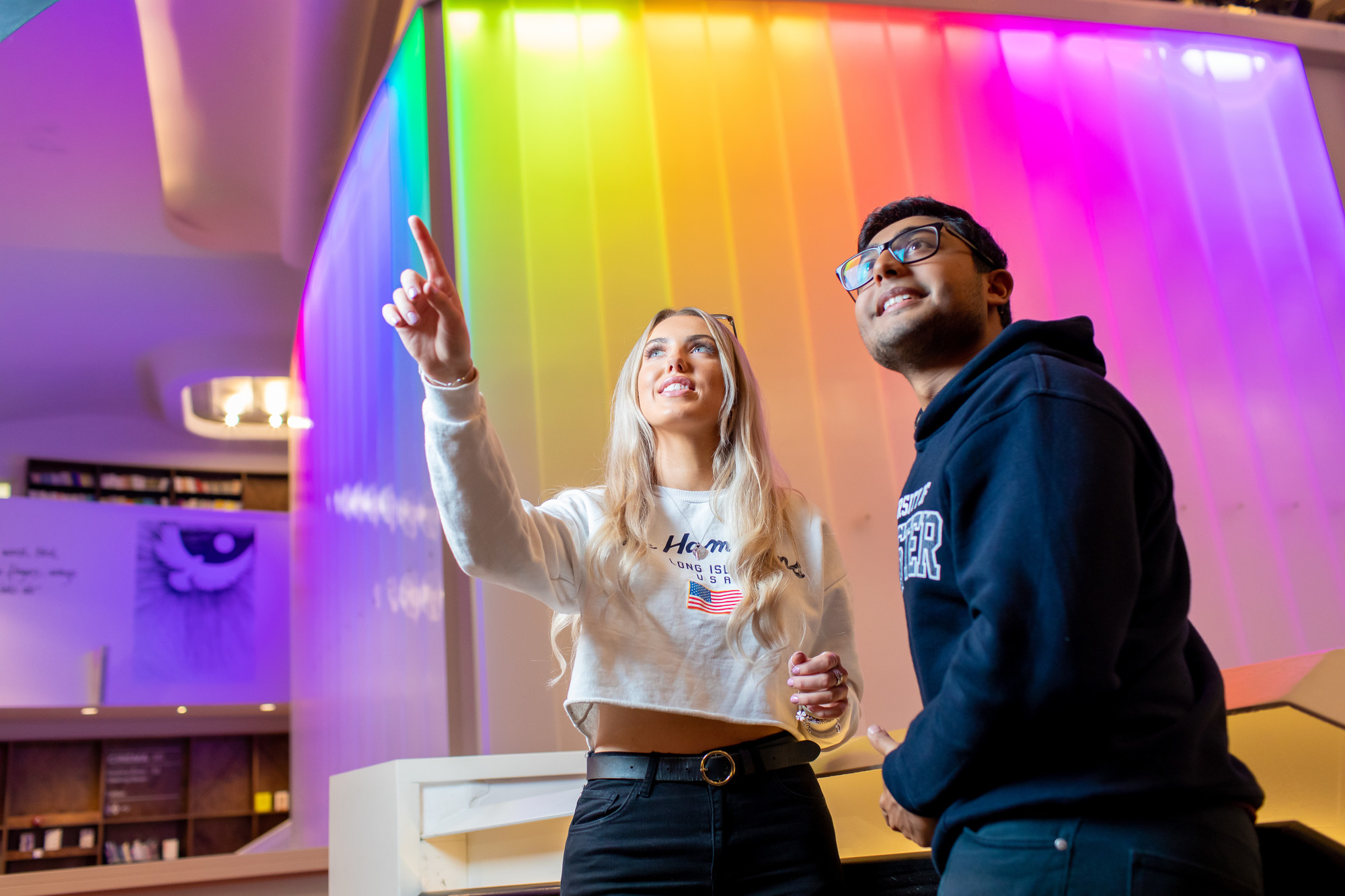 Students in the city centre looking up