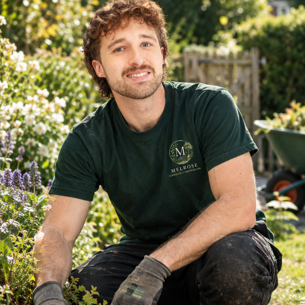 Ryan sat in bright garden gardening