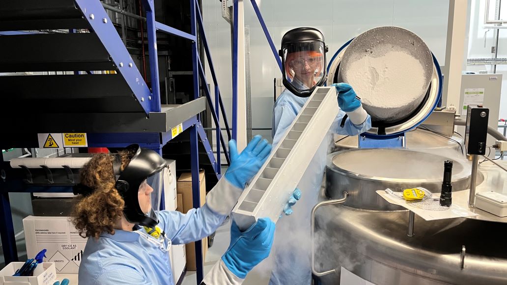 Two people wearing PPE equipment working in a laboratory