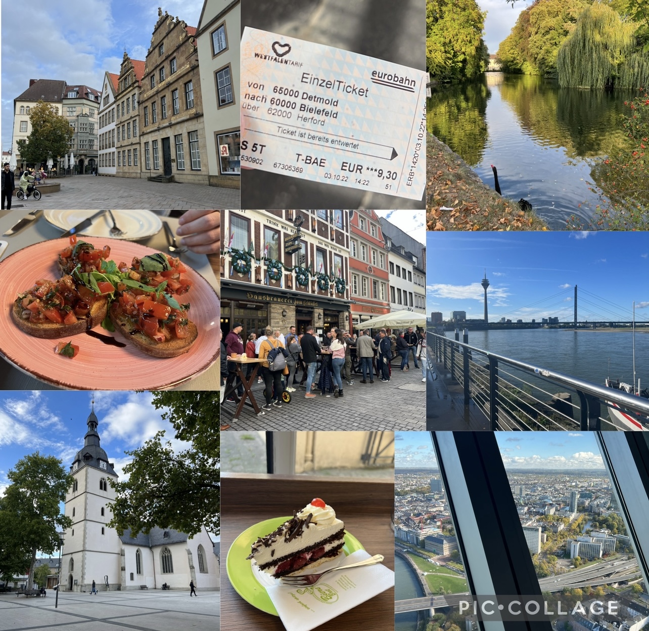 Collage showing buildings in Germany, scenic waterfronts, food and a rail ticket
