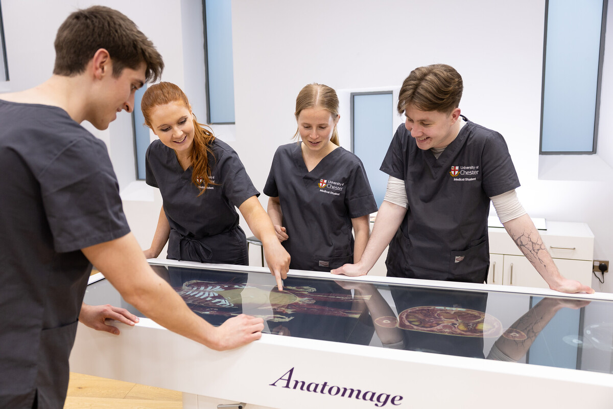 University of Chester medical students collaboratively interact with a virtual 3D human body on an Anatomage table