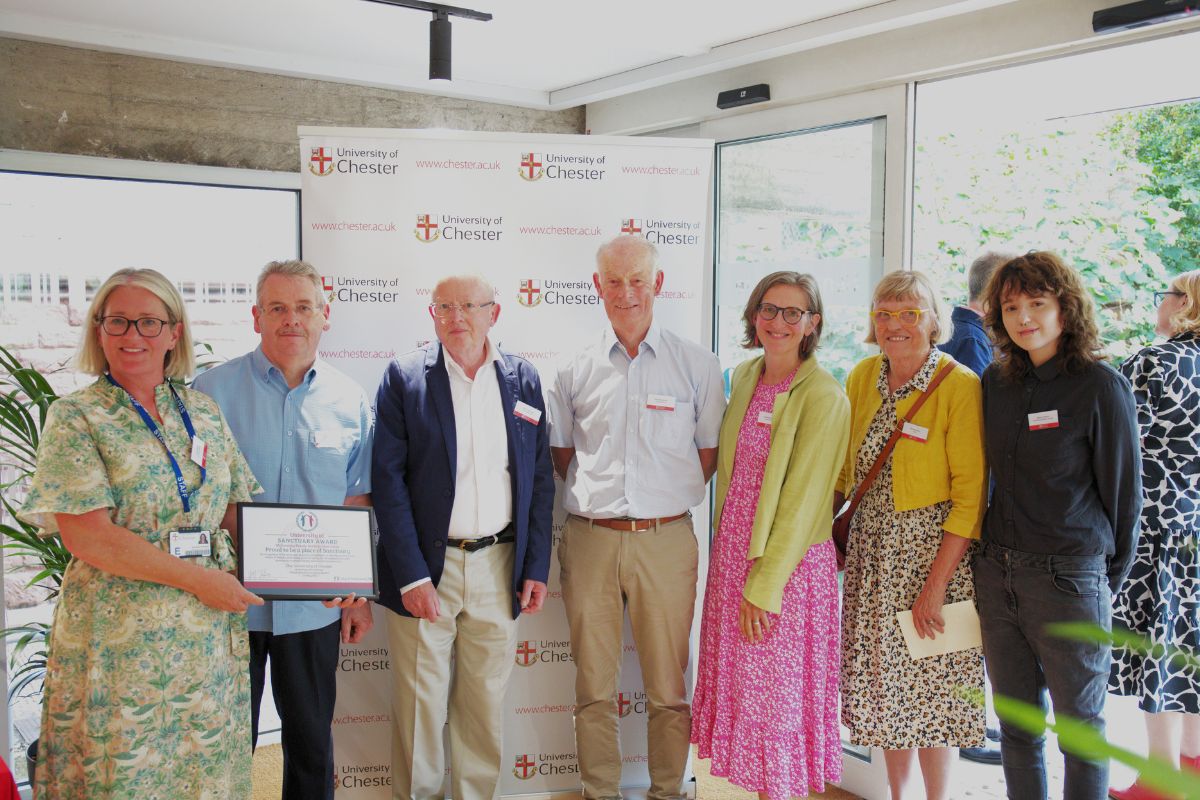 Student Experience Projects Manager Sandra Hughes with Chester City of Sanctuary group members, Revd Christine Jones of The Plum Project and Film and Media Studies student Maisie Andrew.