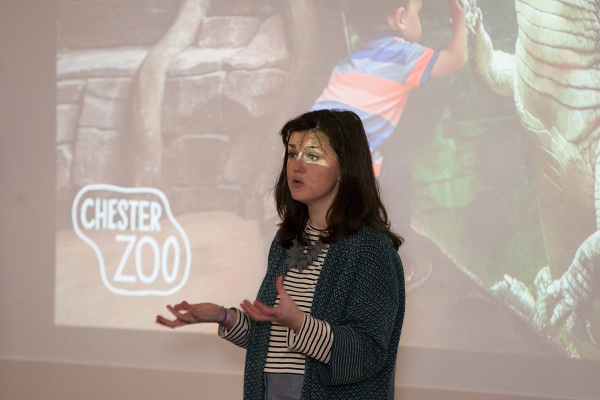 UnĂ¡ Meehan giving a presentation.