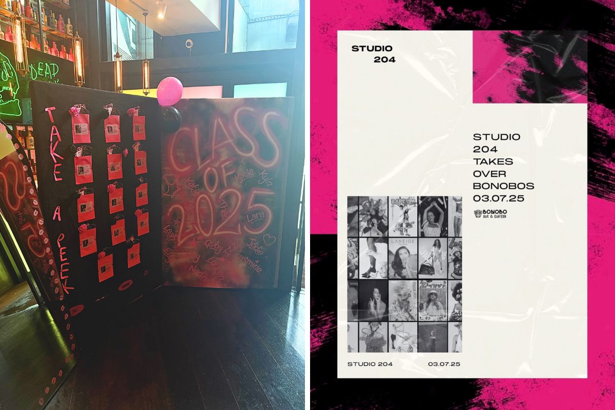 A display of the Class of 2025's work, alongside a poster for the Studio 204 takes over Bonobos 03.07.25 event.