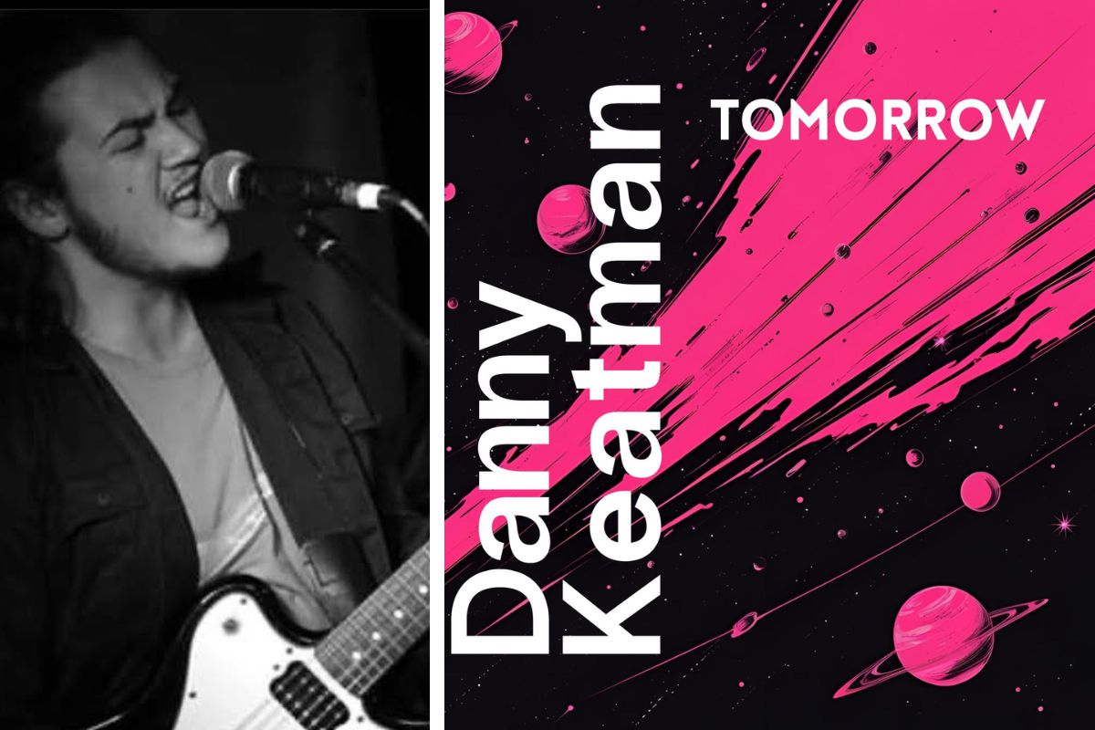 Danny Keatman, left, playing the guitar, alongside an image of Danny Keatman's Tomorrow music single.