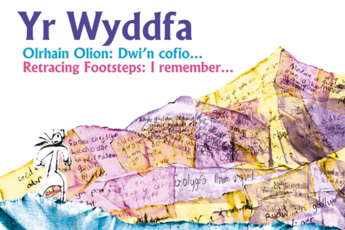 The cover of the Yr Wyddfa poetry book, with an illustration of parts of children's work on multi-coloured paper, arranged to look like a mountain, with a child's drawing of a young explorer in the bottom left.