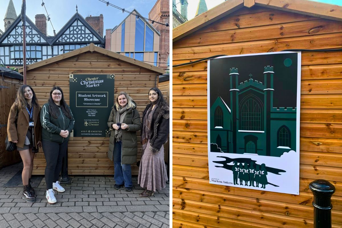 Two pictures. Left, Dr Janey Deng Klingelfuss with students Izzy Millet, Marlena Ankers and Hiba Zahir. Right, Marlena Ankers’ design.