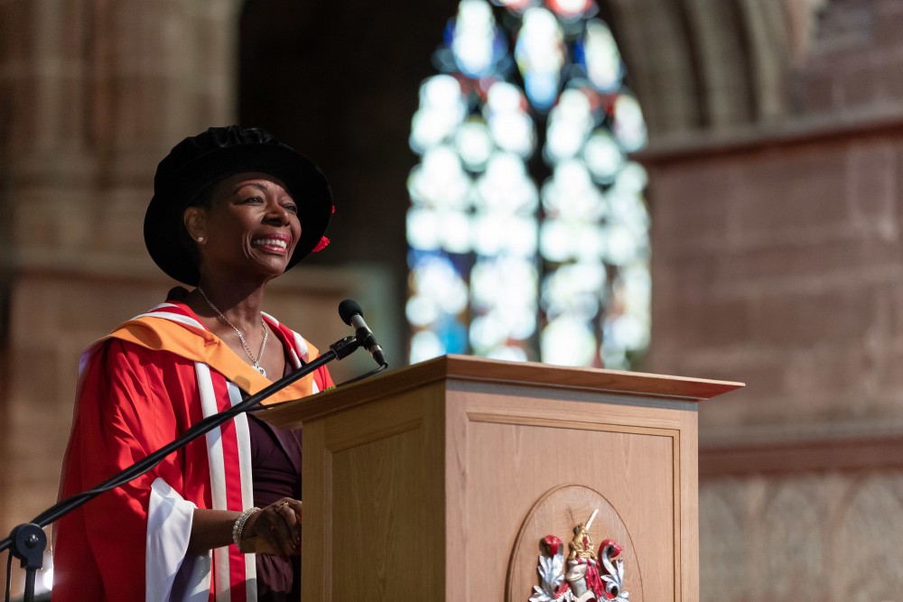 Baroness Floella Benjamin receiving her honorary Doctor of Letters award at Chester Cathedral