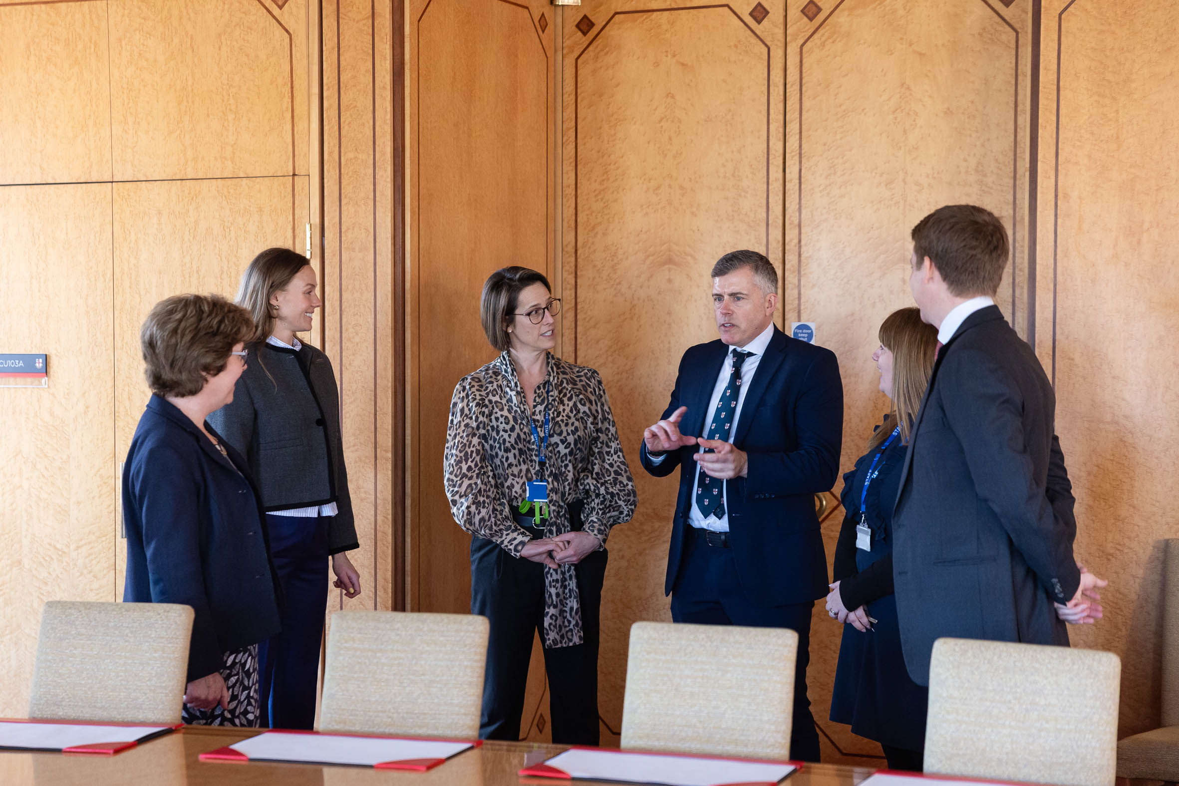Professor Kurt Allman, Pro Vice-Chancellor (PVC) and Executive Dean Science, Business and Enterprise (third from right), and Kirstie Simpson, Dean, Chester Business School (third from left), speak about business engagement.