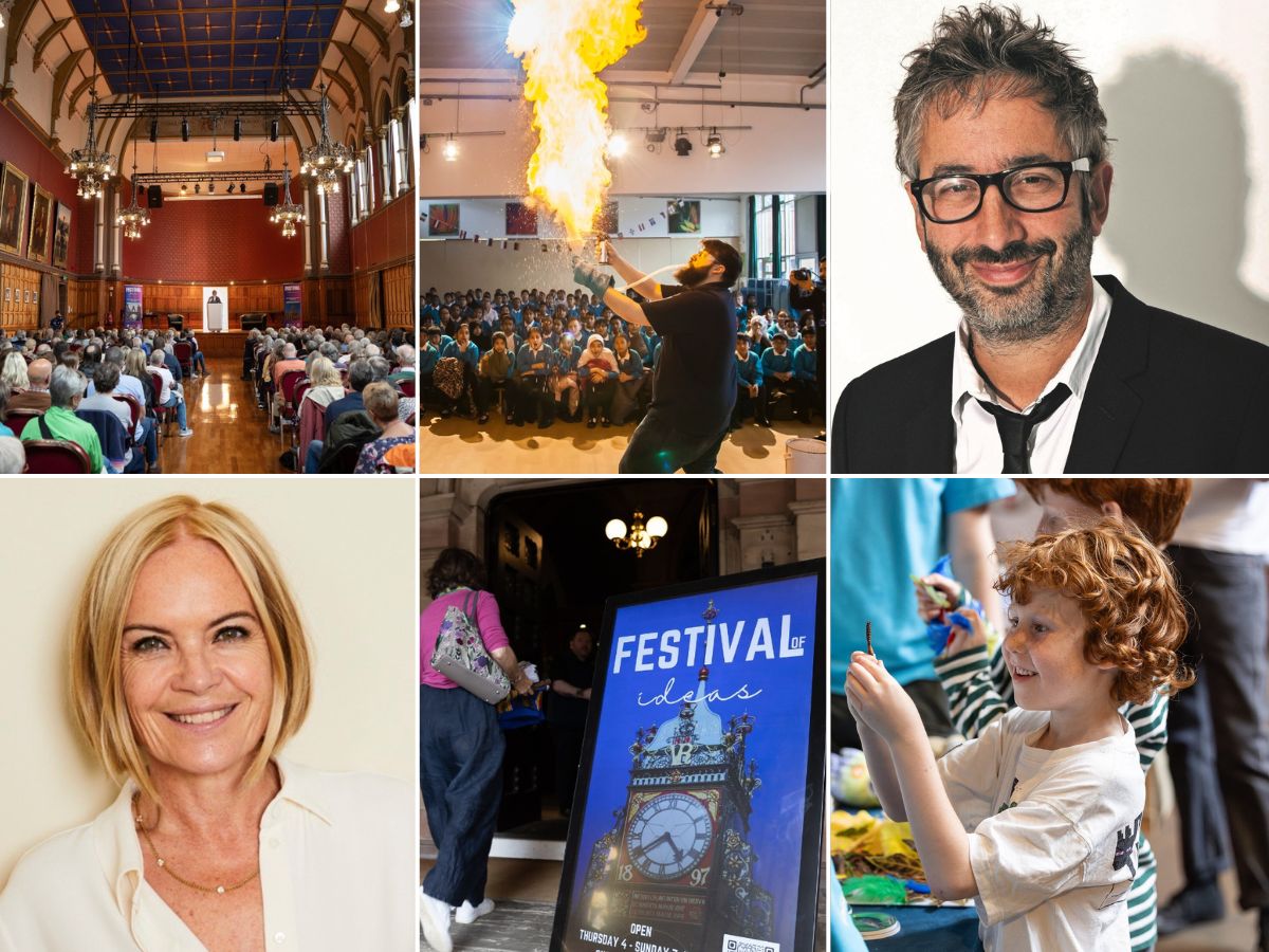 A collage of six images; a seated audience at the Festival of Ideas, a man blowing fire in front of pupils as part of a science show, David Baddiel smiling, Mariella Frostrup smiling, a Festival of Ideas advert board, and a child smiling at something in their hands they've crafted.