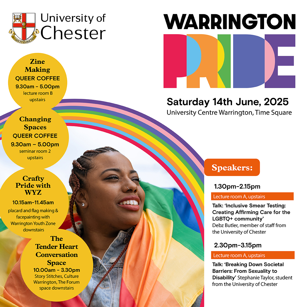 Flyer for University Warrington Pride 2025 activities.