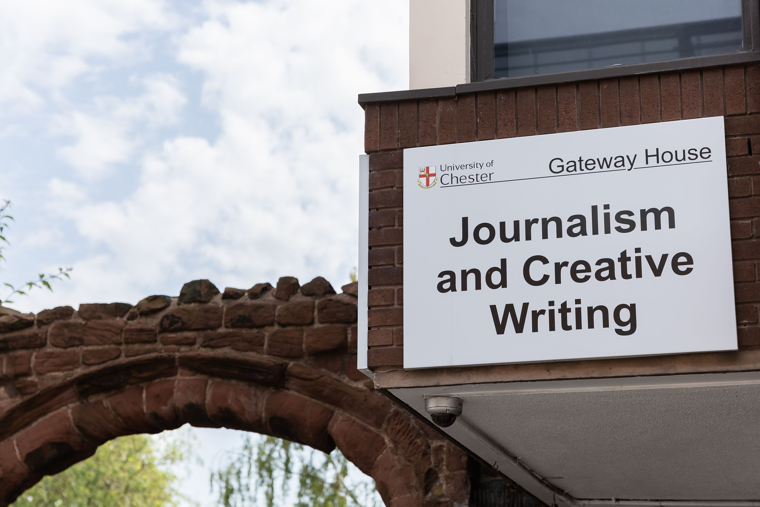 Journalism and Creative Writing sign outside Gateway House, Chester