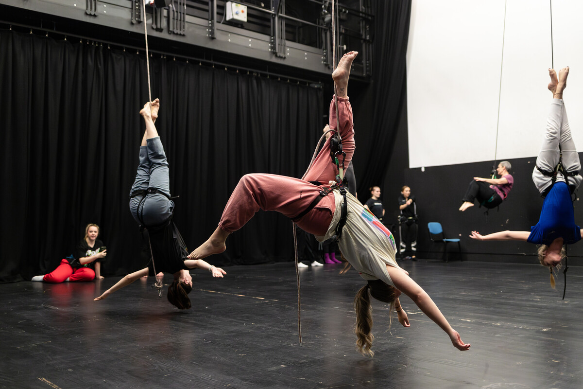 A group of dancers hanging from a pole in a dance studio, showcasing skills from their dance course and degree in dance.