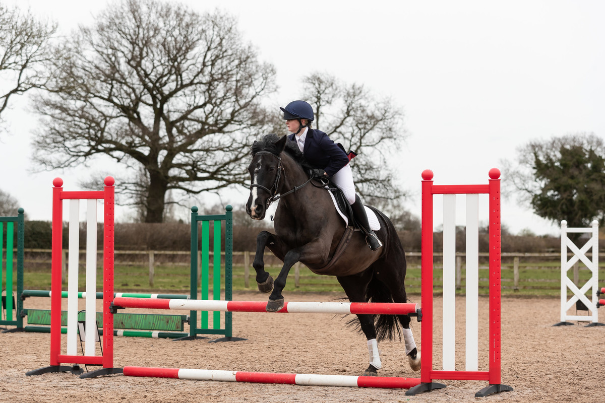 A female student riding a horse over red and white wooden training jumps.