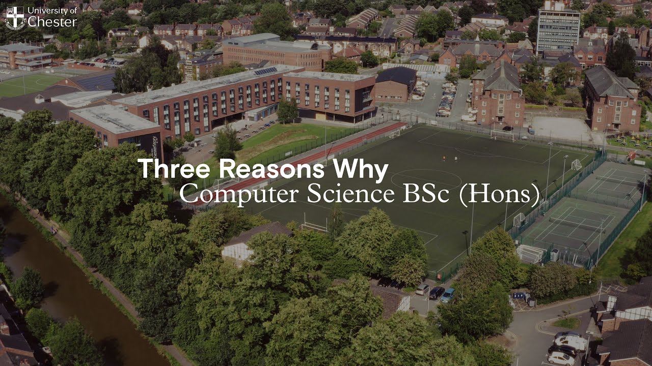 An aerial view of the University of Chester's Exton Park Site showing a leafy campus including sports pitch, canal and a number of the University buildings.
