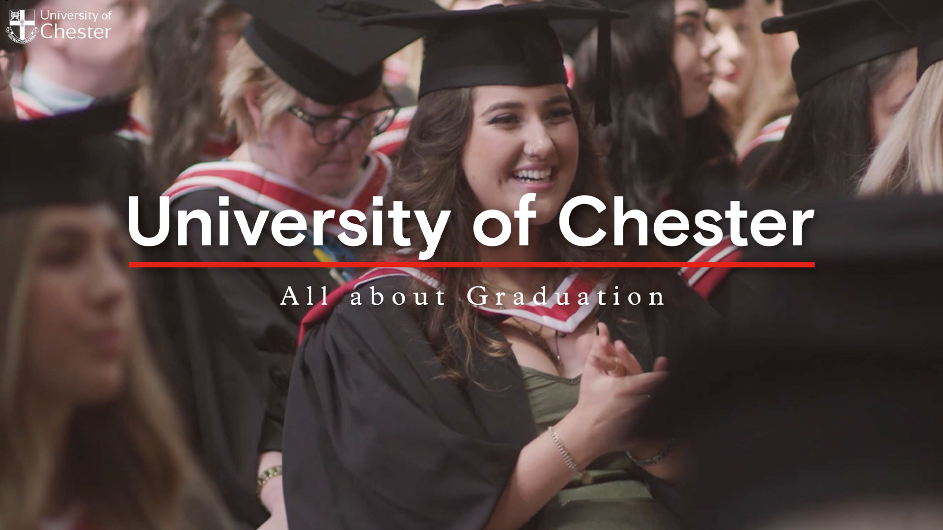 A graduate sitting looking happy with a gown and mortar board hat, surrounded by other graduates. The words 'University of Chester, All about Graduation
