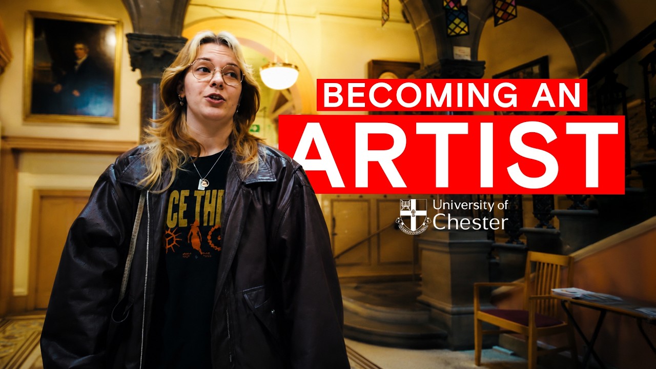 Hayden a fine art student stands in a historic wood‑panelled hall, wearing glasses and a black leather jacket, with “Becoming an Artist” and the University of Chester logo beside them.