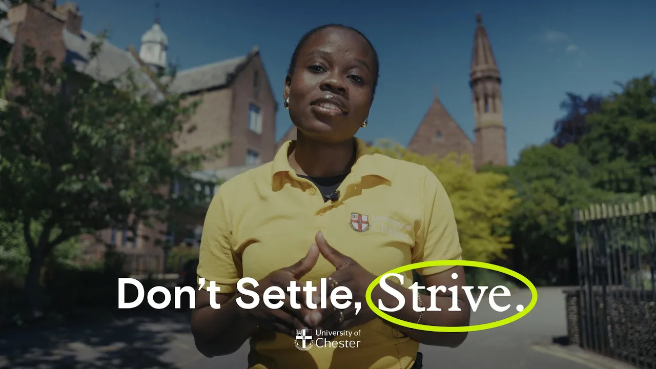 A student on Exton Park campus with Don't Settle, Strive messaging overlaid
